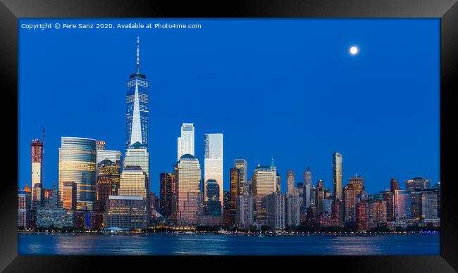 Lower Manhattan Skyline and moon rising at blue hour, NYC, USA Framed Print by Pere Sanz