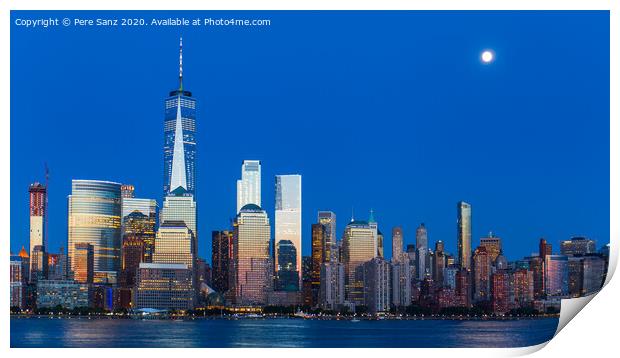 Lower Manhattan Skyline and moon rising at blue hour, NYC, USA Print by Pere Sanz