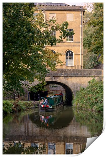 Cleveland House in Bath with canal boat passing underneath Print by Duncan Savidge