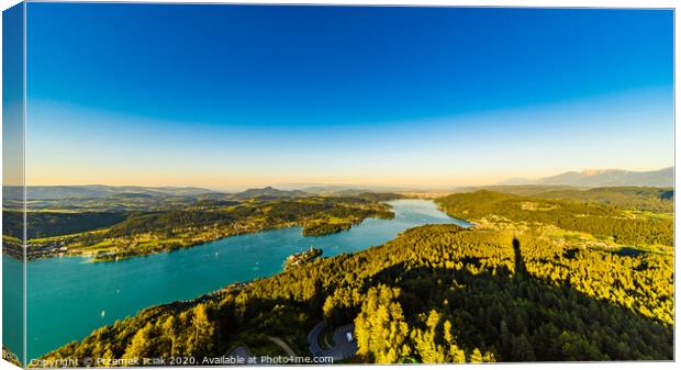 Lake and mountains at Worthersee Karnten Austria. View from Pyramidenkogel tower on lake and Klagenfurt the area. Canvas Print by Przemek Iciak