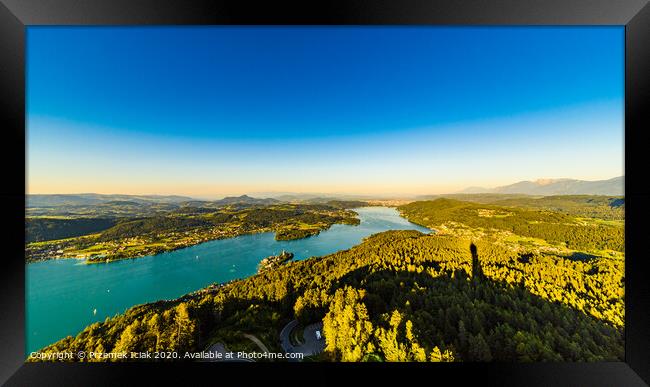 Lake and mountains at Worthersee Karnten Austria. View from Pyramidenkogel tower on lake and Klagenfurt the area. Framed Print by Przemek Iciak