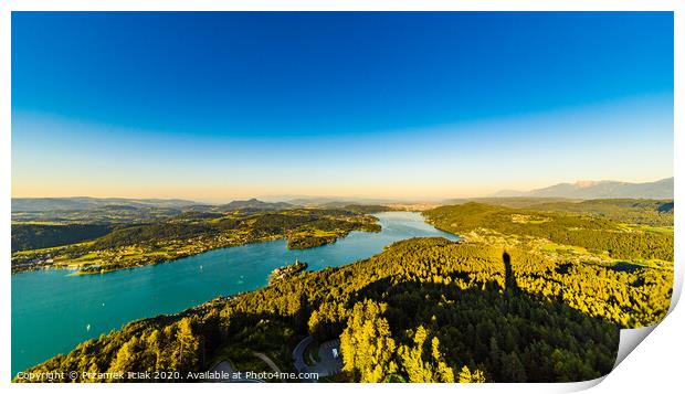 Lake and mountains at Worthersee Karnten Austria. View from Pyramidenkogel tower on lake and Klagenfurt the area. Print by Przemek Iciak