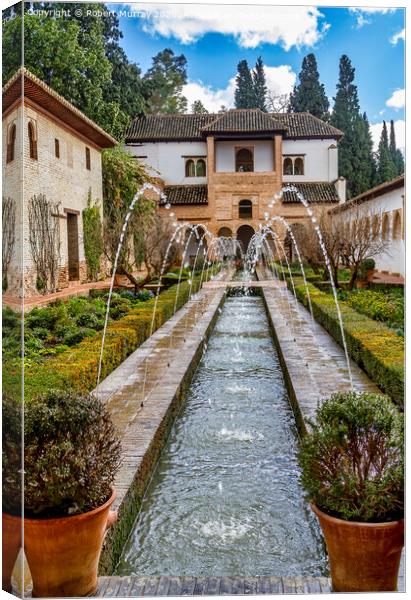 Fountain And Water Channel In Generalife Palace, Alhambra. Canvas Print by Robert Murray