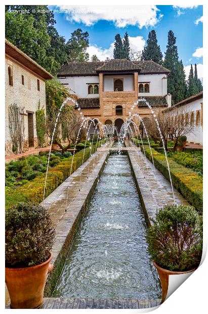 Fountain And Water Channel In Generalife Palace, Alhambra. Print by Robert Murray