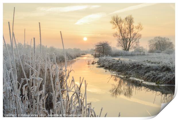 Frosty river sunrise Print by Emma Varley