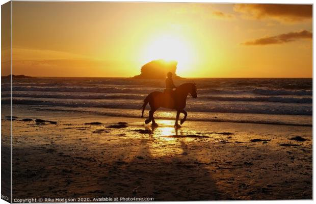 Horse and rider, Portreath beach, Cornwall Canvas Print by Rika Hodgson