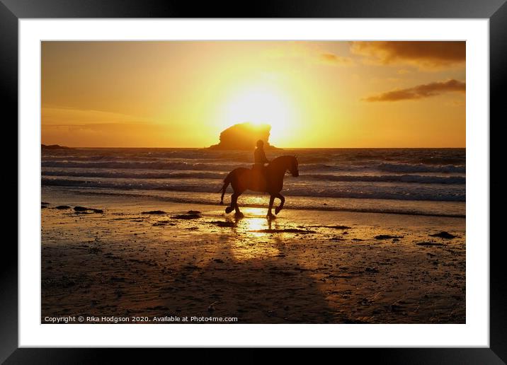 Horse and rider, Portreath beach, Cornwall Framed Mounted Print by Rika Hodgson