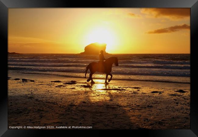 Horse and rider, Portreath beach, Cornwall Framed Print by Rika Hodgson