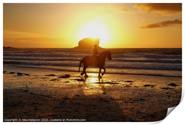 Horse and rider, Portreath beach, Cornwall Print by Rika Hodgson