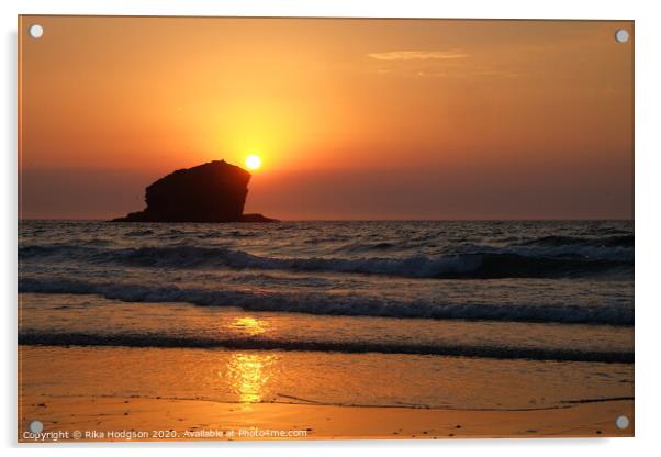 Golden sunset, seascape Portreath Beach, Cornwall, Acrylic by Rika Hodgson