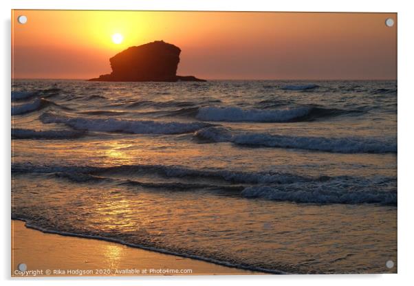 Golden sunset, seascape at Portreath Beach, Cornwa Acrylic by Rika Hodgson