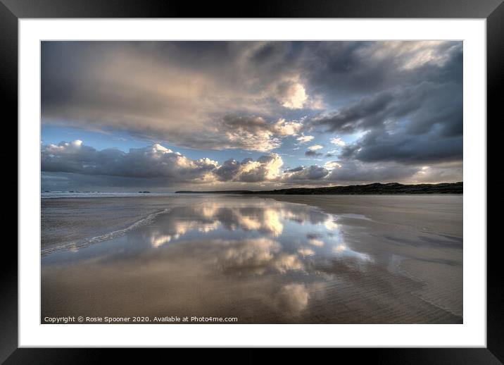 Cloud reflections early morning on Hayle Sands in Cornwall Framed Mounted Print by Rosie Spooner