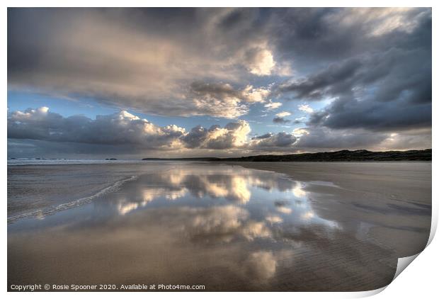Cloud reflections early morning on Hayle Sands in Cornwall Print by Rosie Spooner