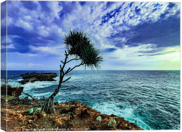 A palm tree and rock island in stormy sea Canvas Print by Hanif Setiawan