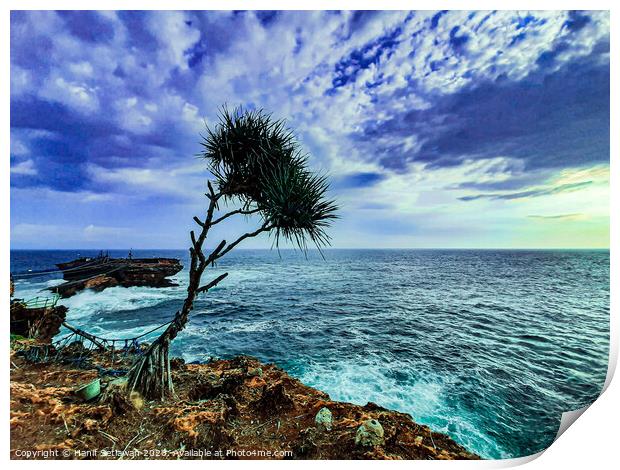 A palm tree and rock island in stormy sea Print by Hanif Setiawan
