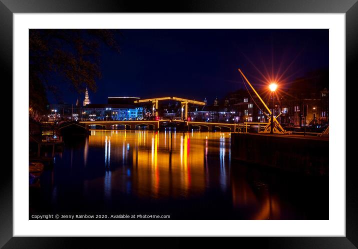 Night Lights on the Amsterdam Canals Framed Mounted Print by Jenny Rainbow