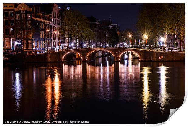 Night Lights on the Amsterdam Canals 1 Print by Jenny Rainbow