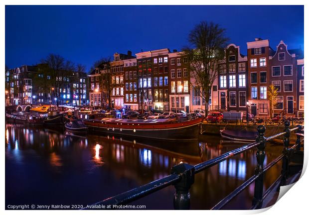 Night Lights on the Amsterdam Canals 2 Print by Jenny Rainbow