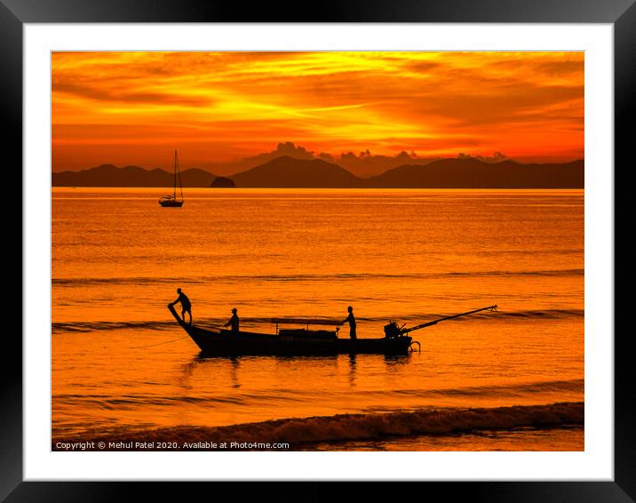 Longtail boat silohuette - Krabi, Thailand Framed Mounted Print by Mehul Patel