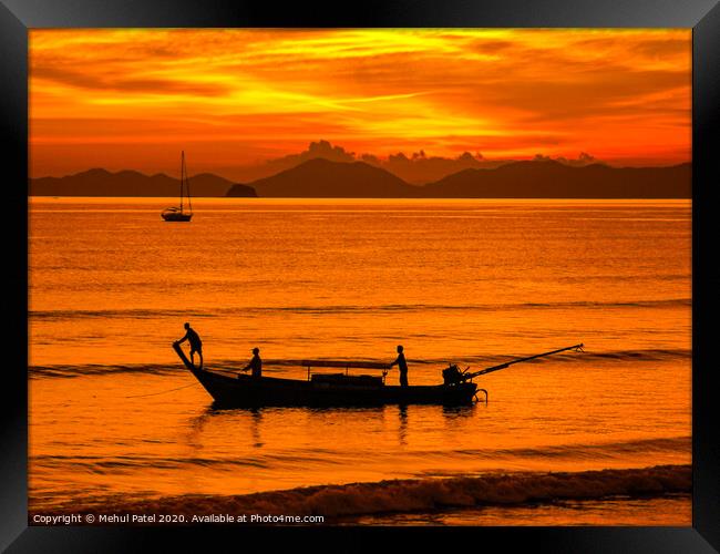 Longtail boat silohuette - Krabi, Thailand Framed Print by Mehul Patel