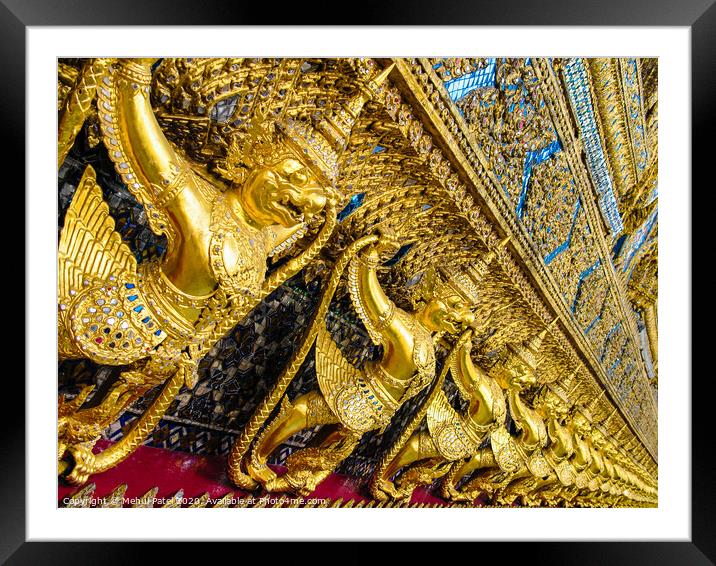 Golden statuettes and detail on the Temple of the Emerald Buddha in the grounds of the Grand Palace - Wat Phra Kaew, Thailand, Bangkok Framed Mounted Print by Mehul Patel