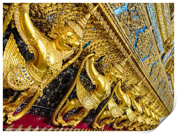 Golden statuettes and detail on the Temple of the Emerald Buddha in the grounds of the Grand Palace - Wat Phra Kaew, Thailand, Bangkok Print by Mehul Patel