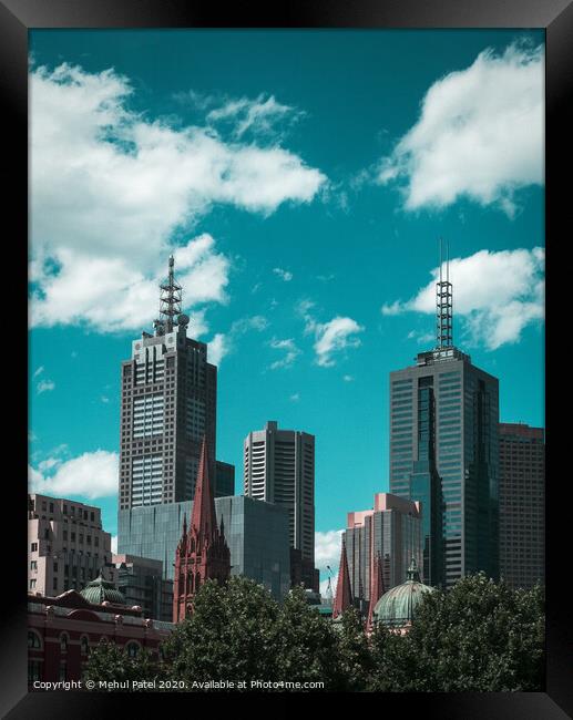 Skyline of skyscrapers against turquoise sky - Melbourne, Australia Framed Print by Mehul Patel