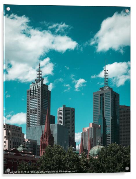 Skyline of skyscrapers against turquoise sky - Melbourne, Australia Acrylic by Mehul Patel