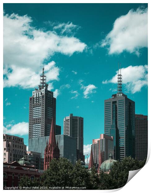 Skyline of skyscrapers against turquoise sky - Melbourne, Australia Print by Mehul Patel