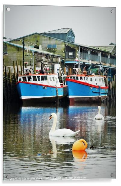 Swans And Trawlers. Acrylic by Neil Mottershead
