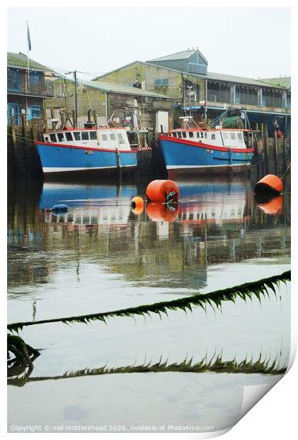Reflections Of Looe Trawlers. Print by Neil Mottershead
