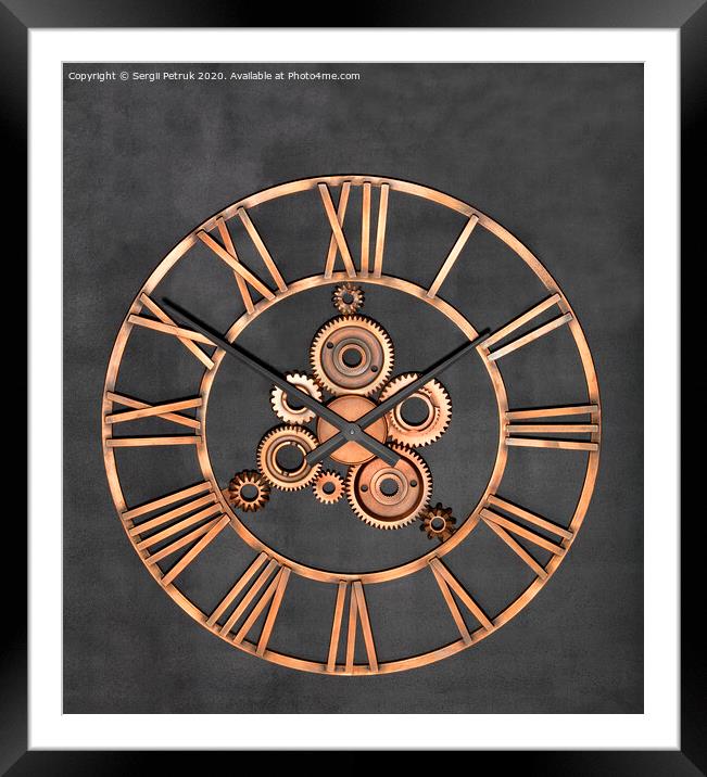 Unusual industrial wall clock made of metal and real gears on a granite black background. Framed Mounted Print by Sergii Petruk