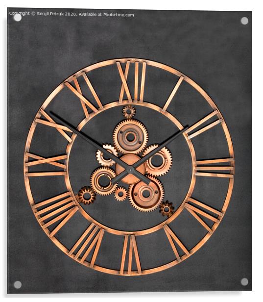 Unusual industrial wall clock made of metal and real gears on a granite black background. Acrylic by Sergii Petruk