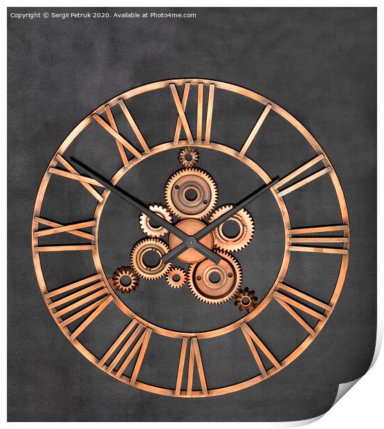 Unusual industrial wall clock made of metal and real gears on a granite black background. Print by Sergii Petruk