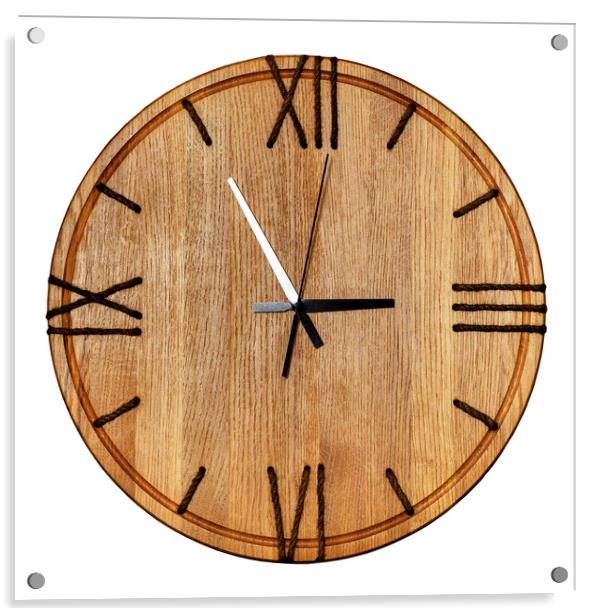 Beautiful wooden wall clock made of light wood and twine, isolate on white background. Acrylic by Sergii Petruk