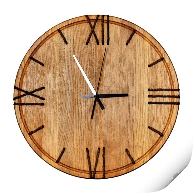 Beautiful wooden wall clock made of light wood and twine, isolate on white background. Print by Sergii Petruk