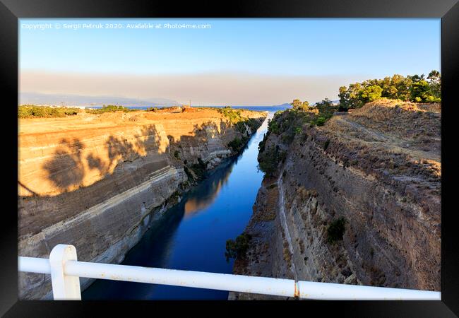 Corinth Canal in Greece. View of the Gulf of Corinth in the morning. Framed Print by Sergii Petruk