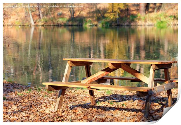 Wooden table with picnic benches in the open air on the background of fallen oak leaves near a forest lake. Print by Sergii Petruk