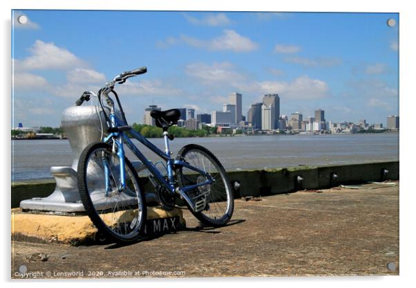 Bicycle leaning at the pier near New Orleans Acrylic by Lensw0rld 