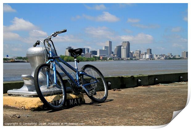 Bicycle leaning at the pier near New Orleans Print by Lensw0rld 