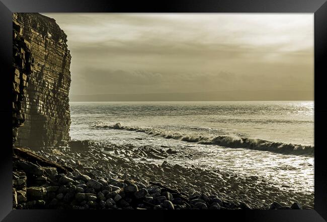 Nash Point Beach looking east into the sun Framed Print by Nick Jenkins