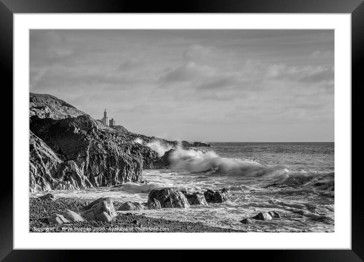 Mumbles lighthouse from Bracelet bay, black and white Framed Mounted Print by Bryn Morgan