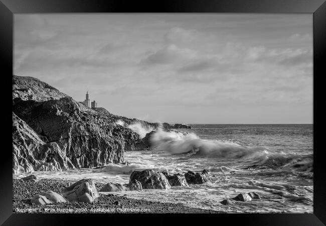 Mumbles lighthouse from Bracelet bay, black and white Framed Print by Bryn Morgan