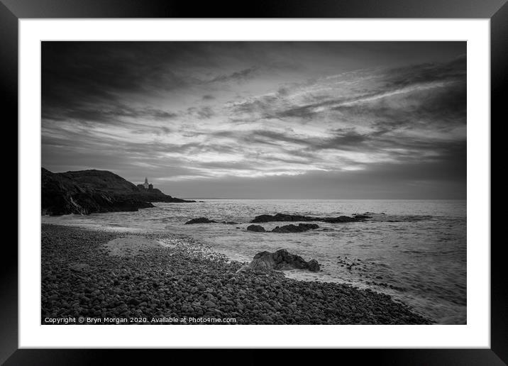 Mumbles lighthouse from Bracelet bay, black and white Framed Mounted Print by Bryn Morgan