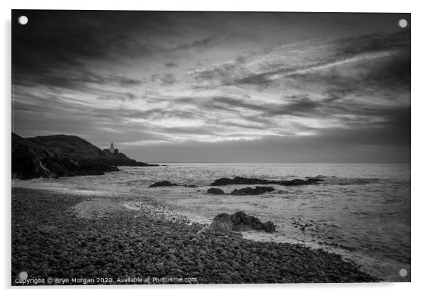 Mumbles lighthouse from Bracelet bay, black and white Acrylic by Bryn Morgan