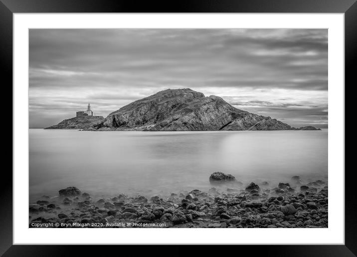 Mumbles lighthouse from Mumbles bay, black and white Framed Mounted Print by Bryn Morgan