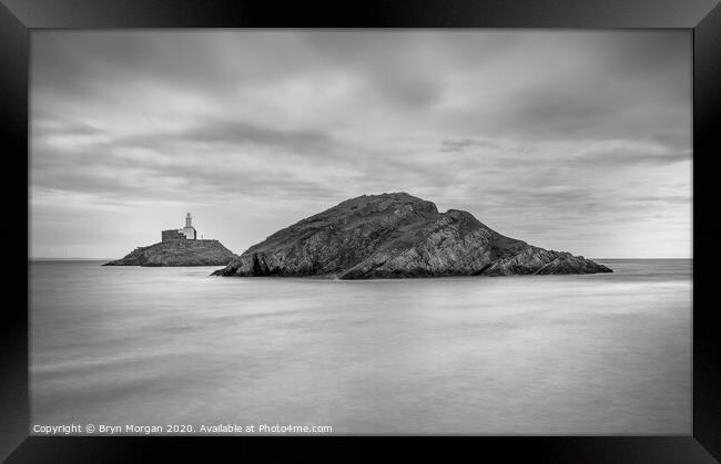 Mumbles lighthouse from Mumbles bay, black and white Framed Print by Bryn Morgan