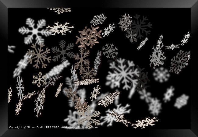 Stylish falling snowflakes pattern on black Framed Print by Simon Bratt LRPS