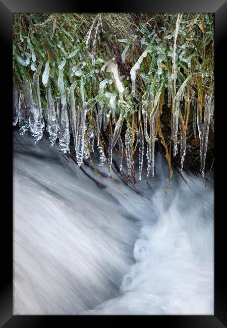Icicles hanging over a moorland stream Framed Print by Andrew Kearton
