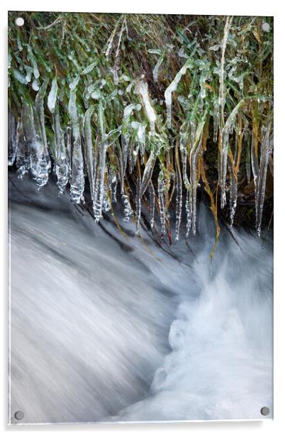 Icicles hanging over a moorland stream Acrylic by Andrew Kearton